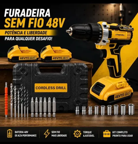 Parafusadeira/Furadeira sem fio 48V, torque ajustável e propício para serviços domésticos