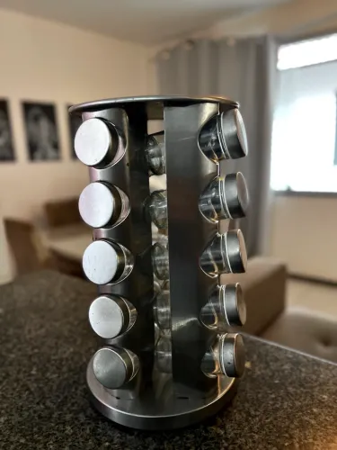 Porta Temperos Giratório Com 20 Potes Em Aço Inox E Vidro