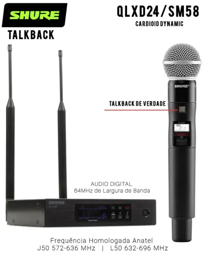 Shure QLXD24/SM58 Microfone Sem Fio Profissional Original Shure Com TALKBACK Instalado