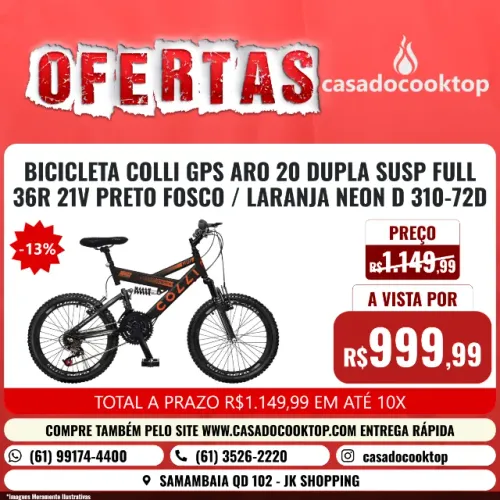 BICICLETA COLLI GPS ARO 20 DUPLA SUSP. FULL 36R 21V PRETO FOSCO/LARANJA NEON D 310-72D