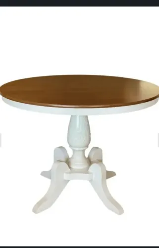 Mesa Redonda Clássica em Madeira Branca com Tampo Amadeirado - 110 cm