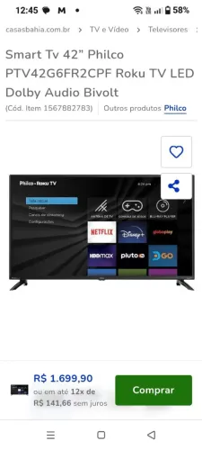 Smart tv Philco Roku 42". Nova.