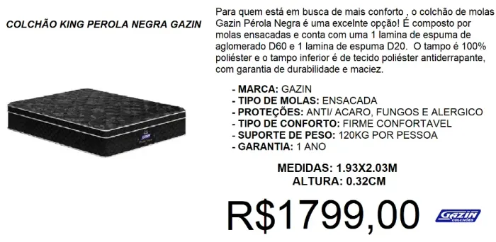 Colchão king perola negra gazin 1 ano de garantia - temos a pronta entrega