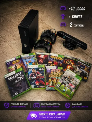 ? Xbox 360 Slim Completo + Kinect + 2 Controles + 10 Jogos | Funcionando 100%