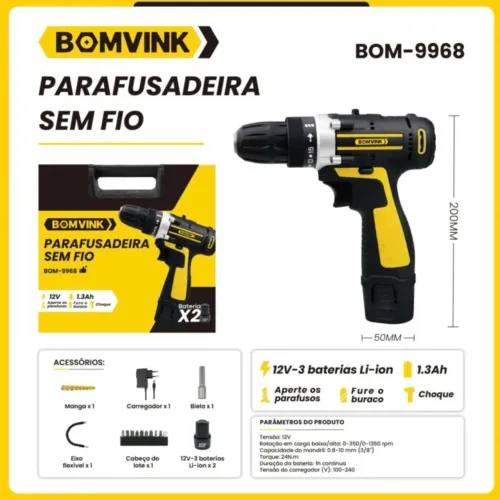 Bomvink- Parafusadeira Bateria 12v - Bom-9960 Amarelo 12v 60hz