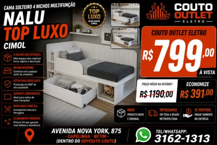 Cama Solteiro 4 Nichos Multifunção Nalu Branco Cimol (TOP LUXO) MAIS BARATA DA INTERNET