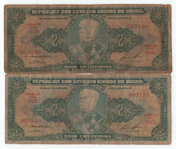 2 Cédulas Antigas de 2 Cruzeiros - República dos Estados Unidos do Brasil