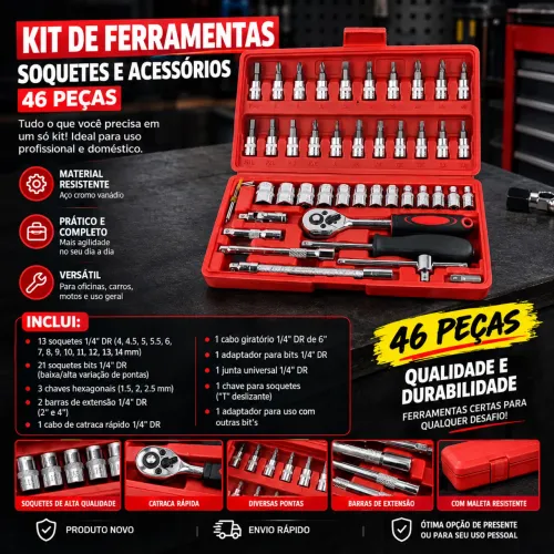 Kit Ferramentas 46 Peças Catraca Soquetes Bits 1/4 com Maleta NOVO