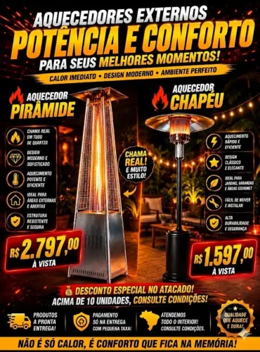 Aquecedor Externo a Gás Premium - Pirâmide e Chapéu (Pronta Entrega)