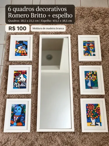 6 quadros decorativos Romero Britto + espelho