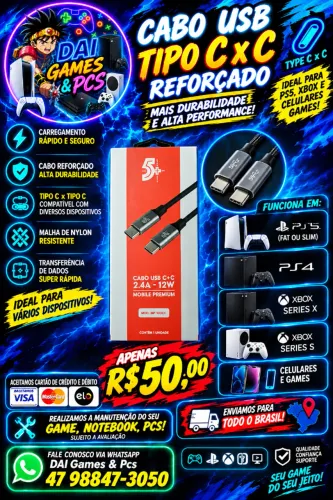 Cabo USB tipo C x C reforçado PS5 novo