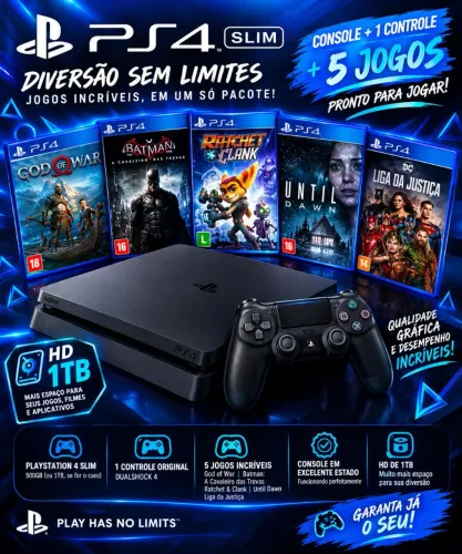 PS4 Slim 1 TB + 1 controle + 5 jogos