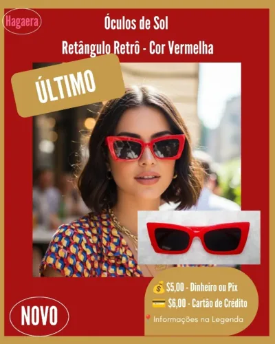 Novo: Óculos de Sol - Retângulo Retrô - Cor Vermelho (ÚLTIMO)