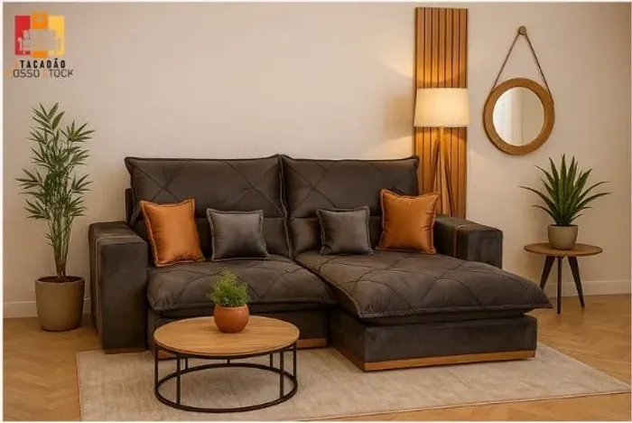 SOFÁ GRAN BELLO PLUS 2.50 RETRÁTIL E RECLINÁVEL MOLAS ENSACADAS E 04 ALMOFADAS DECORATIVAS
