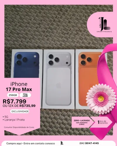 IPHONE 17 PRO MAX, 5G, 256GB, CHIP ESIM, LACRADO, EXCLUSIVO!