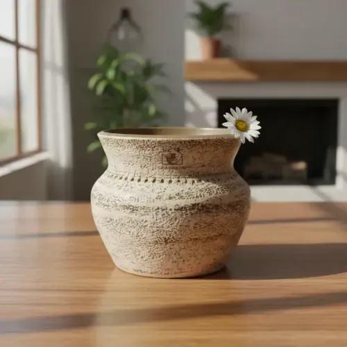 Vaso de Cerâmica Esmaltado Bege com Marrom 14x16 cm