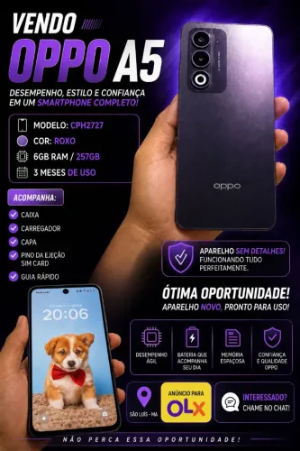 OPPO A5 Roxo 6GB/257GB - 3 Meses de Uso, Completo com Caixa e Acessórios