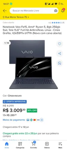 Notebook vaio Fe15 8gb ram 256gb SSD 