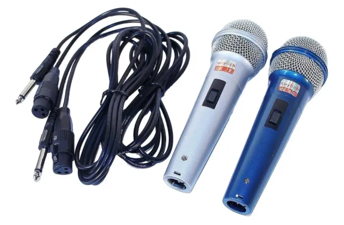 Microfones profissionais com fio/sem fio dinâmicos prateados/azuis