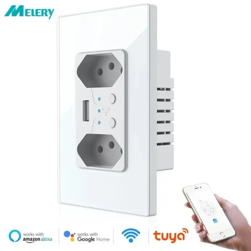 Tomada Dupla Inteligente Wi-fi Tuya, Compatível com Alexa, Controle a distância 