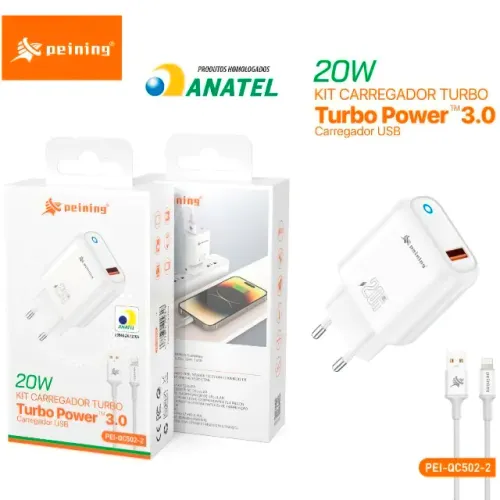 Kit Carregador USB Turbo para iPhone até o 14 PD 20W Carregamento Rápido Cabo Lightning