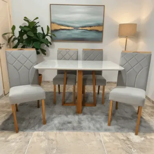 Conjunto Mesa de Jantar Pedro 120 Mel/Off White + 4 Cadeiras Stella Veludo