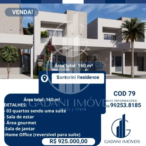 SOBRADO COM 3 QUARTOS NO CONDOMÍNIO FECHADO SANTORINI RESIDENCE EM SINOP MT