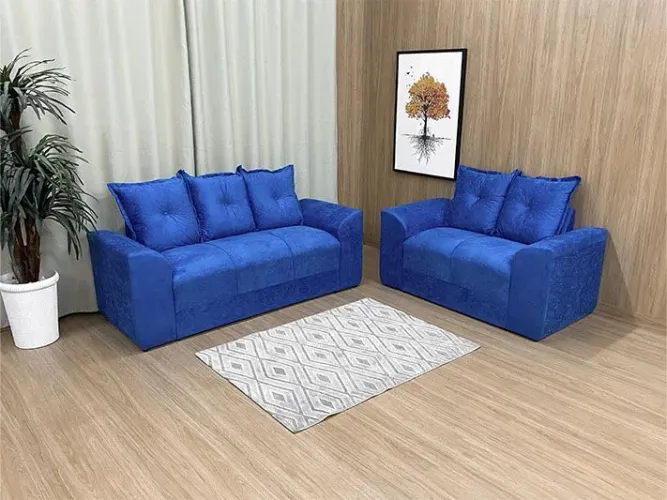Conjunto Sofá 2 e 3 Lugares Suede Azul