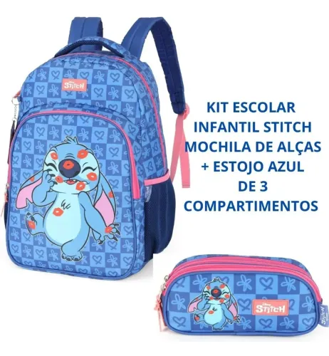 Kit Escolar Infantil Stitch - Mochila + Estojo Azul