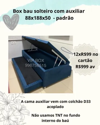 Cama Box Solteiro com Auxiliar e Baú não usamos TNT no fundo interno