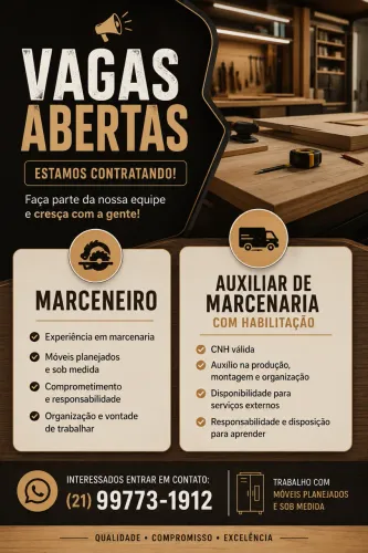 VAGA PARA MARCENEIRO E AUXILIAR, MARCENARIA 