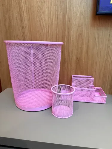 Kit Escritório Rosa Lixeira Porta Lapis