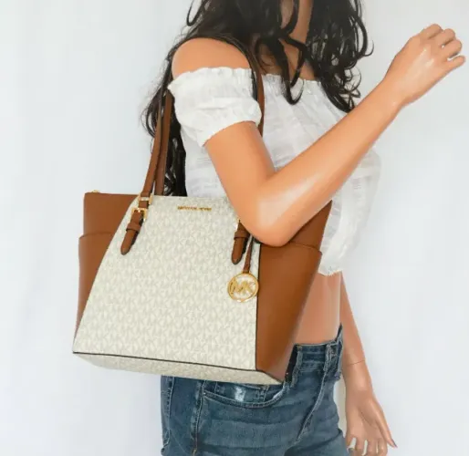 MICHAEL KORS CHARLOTTE TOP ZIP SHOULDER TOTE BAG PURSE MK VANILLA