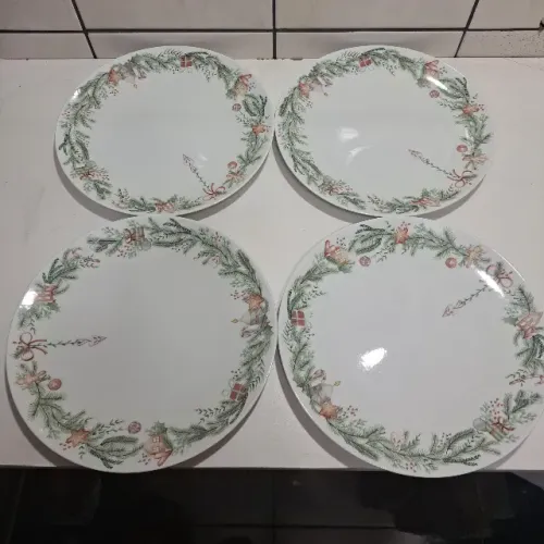 Pratos Rasos 28cm 4 peças Porcelana Decorada Tramontina Casa Natal Noite Feliz Estilo Coup