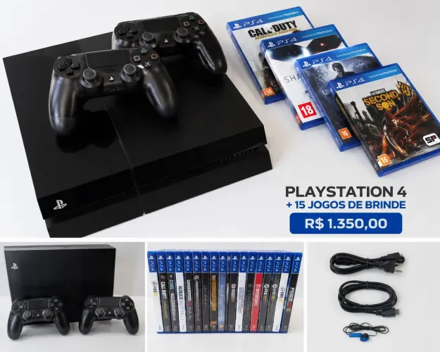 PLAYSTATION 4 + 14 JOGOS DE BRINDE<br>? R$ 1.350,00<br>? Pronto para jogar