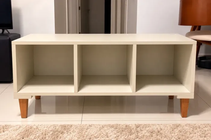 Rack / Aparador Off White com 3 Nichos e Pés de Madeira