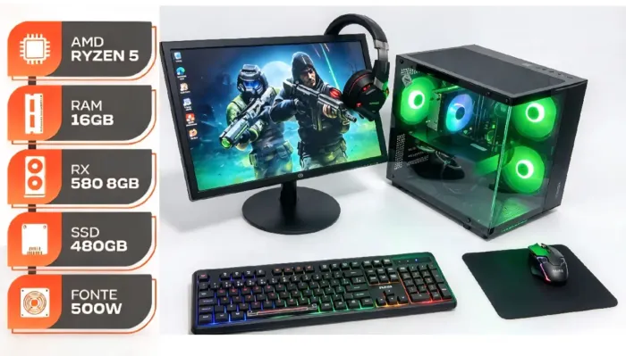 PC Gamer Ryzen 5 5500, RX 580, 16GB, 480GB, Monitor e Periféricos. NF e Garantia