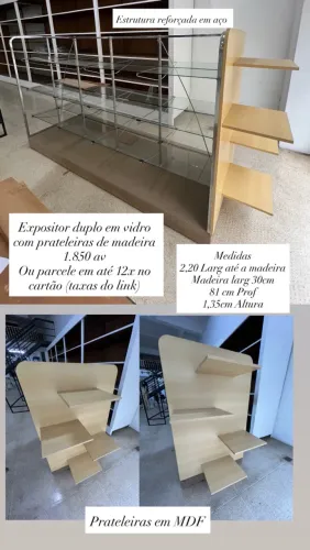 Prateleiras de Vidro com expositor em madeira