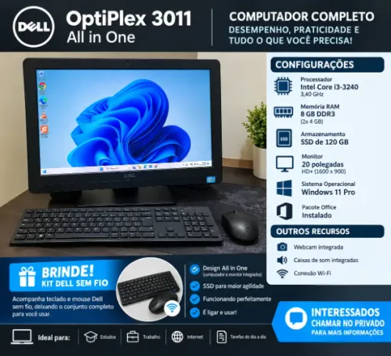 Computador escritório completo DELL OPTIPLEX AIO 3011, i3 3°Geração, 8gb Ram, SSD 120gb