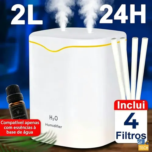 Umidificador De Ar E Aromatizador 2L 24H Com 2 Saídas De Ar 3 Em 1 Multifuncional Com LED