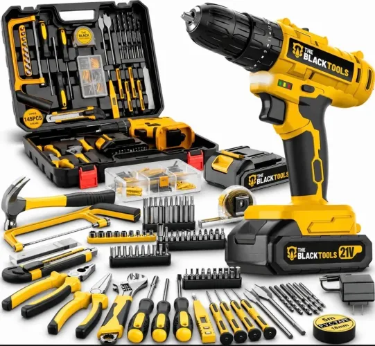 Kit Furadeira Parafusadeira The Black Tools c/ 2 Baterias + Maleta de Ferramentas Completa
