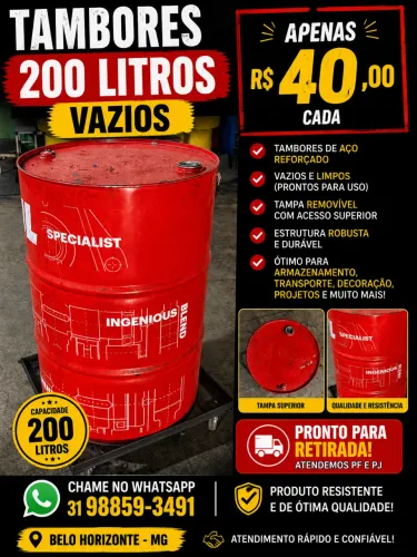 Tambor de 200 Litros Vazio de Aço - R$ 40,00