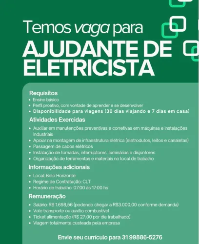Vaga de Ajudante de Eletricista - Oportunidade de Emprego