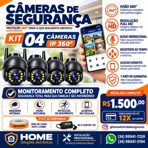 Câmeras de Segurança | Kit 4 Câmeras IP 360° Áudio Bidirecional