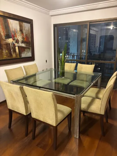 MESA 8 LUGARES ARTEFACTO VIDRO E AÇO