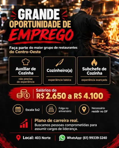 Vagas para Cozinha | Auxiliar, Cozinheiro e Subchefe | Asa Norte