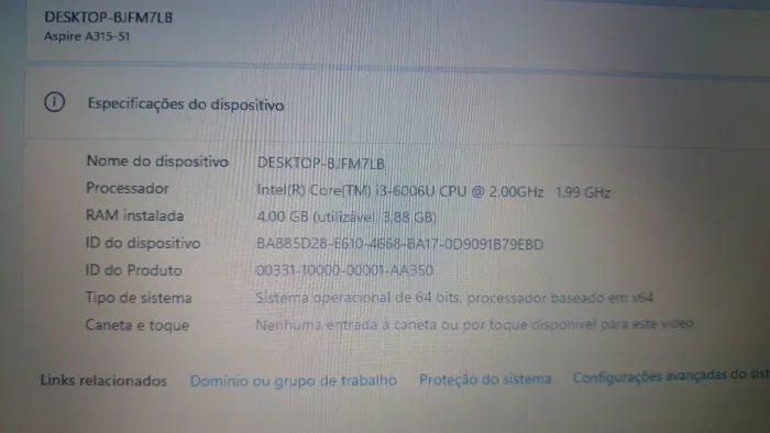 Notebook aspire I3 6 geração