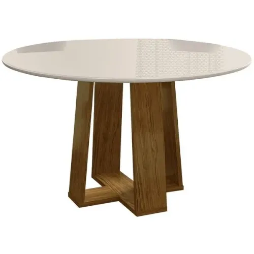 Mesa de jantar redonda de madeira com tampo branco