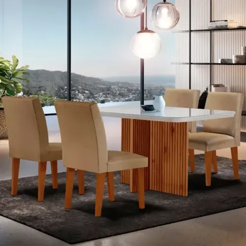 Sala de Jantar Mesa Olimpia 120 MDF Vidro Canto Copo 4 Cadeiras Grecia Direto da Fabrica