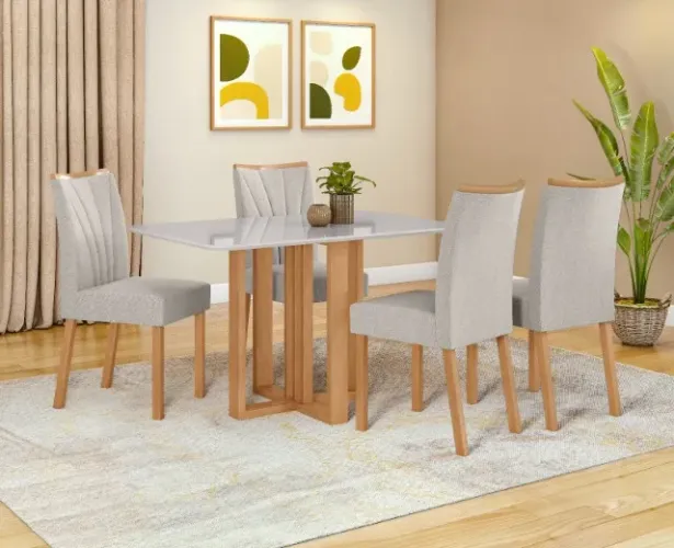 Conjunto de Jantar em Madeira Maciça + 4 Caderas Bordadas.